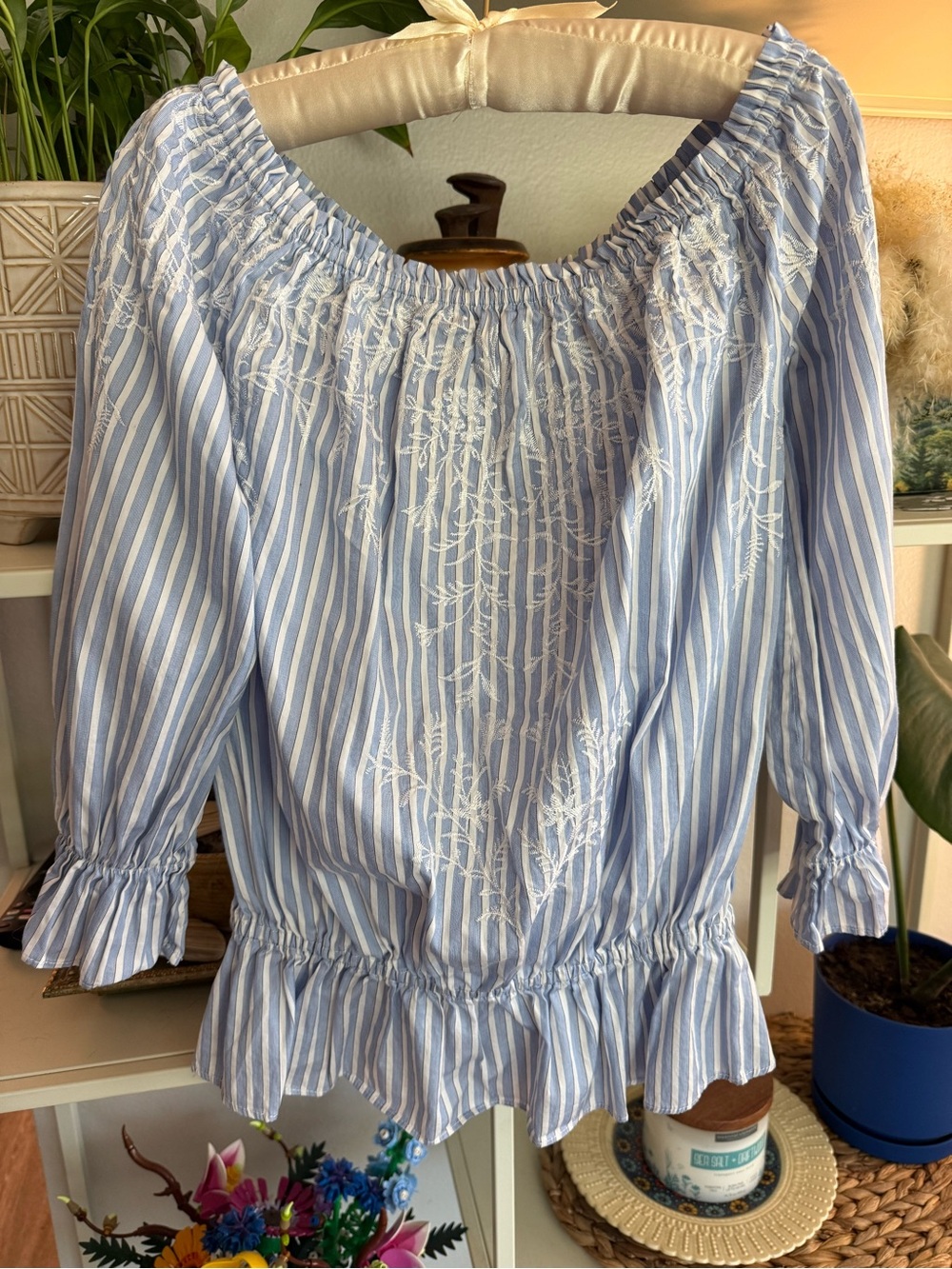 White House Black Market Blue and White Striped Off-Shoulder Blouse